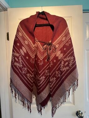 Lucky Brand Rust Aztec Fringe Poncho with Hood